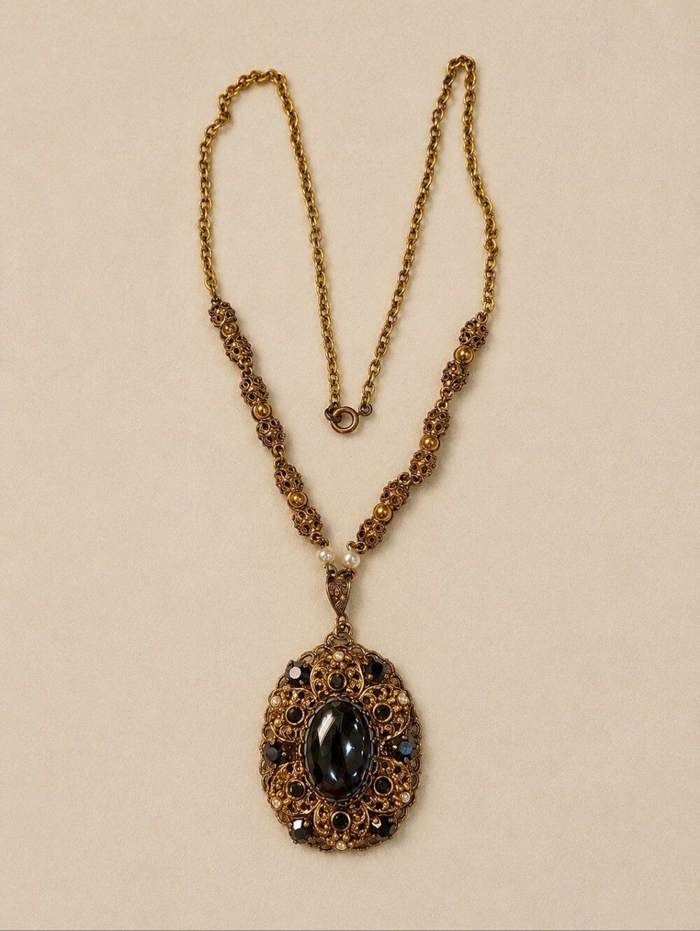 Vintage West Germany Gold-Tone Filigree Necklace with Black Cabochon Pendant - Picture 6 of 7